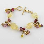 Citrine Bracelet with Gold Spirals and Red Dangles