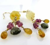 Carved Carnelian Earrings with Green and Pink Tourmaline