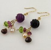 Carved Purple Earrings with Garnet, Peridot, and Pearls