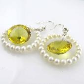 Pearl Hoop Earrings with Yellow Quartz Dangle