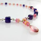 Amethyst Cube and Pink Dot Necklace with Pink Quartz Drop