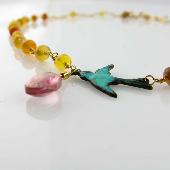 Blue Bird Necklace with Pink Tear Drop and Ethiopian Opal